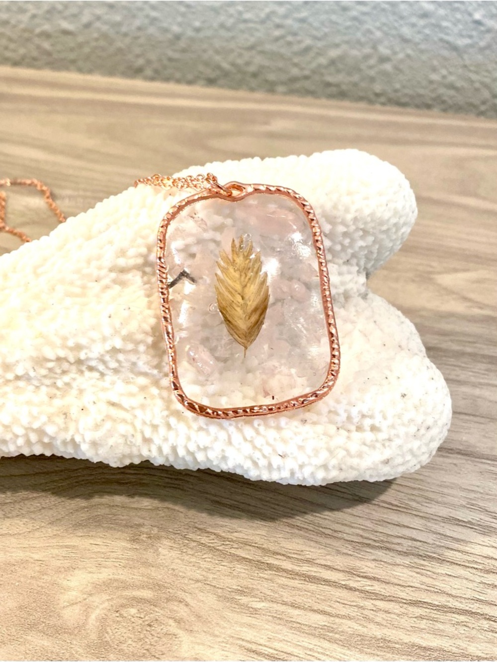40. Rose Gold Resin Pendant Necklace with sea oat and rose quartz chips